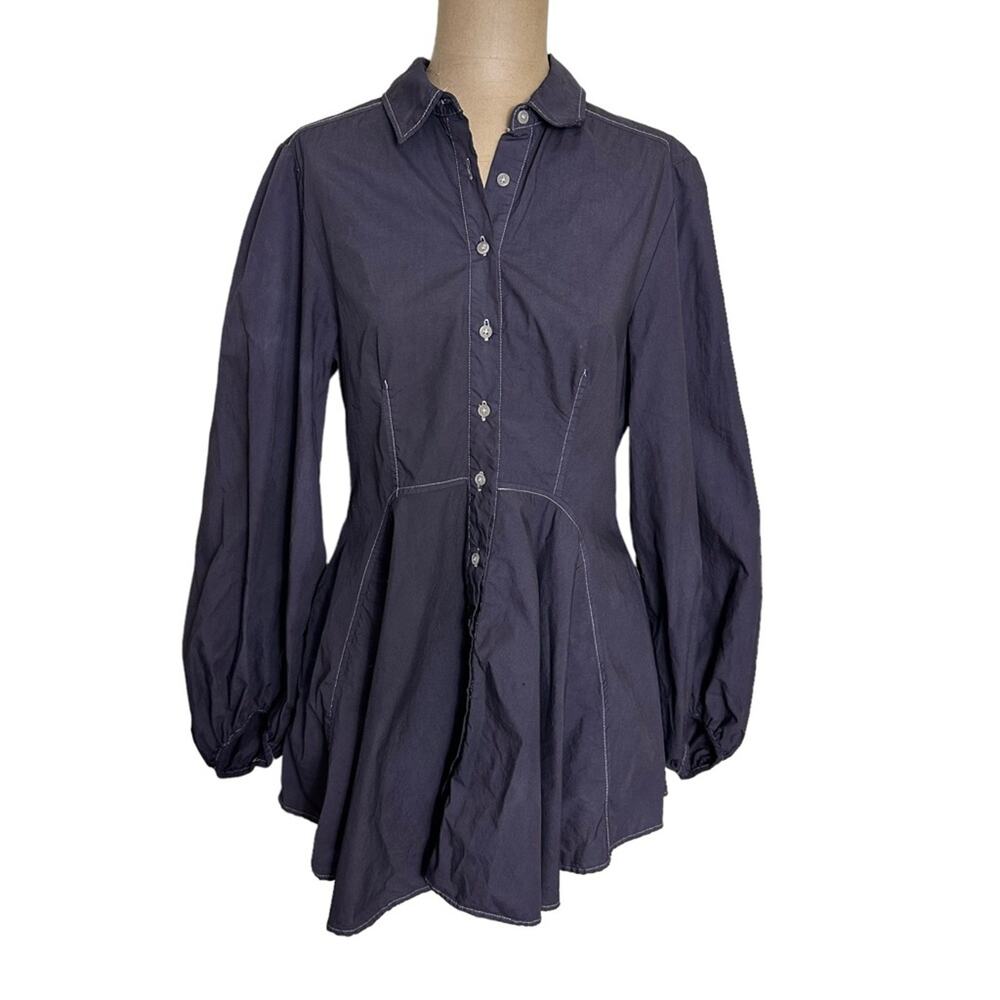 Free People Button Front Ruffle Hem Long Sleeve 100% Cotton XS